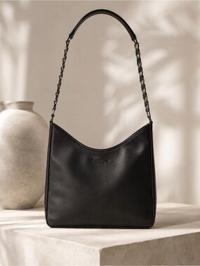 Kenneth Cole Black Leather Shoulder Hobo with Chain-Link Strap